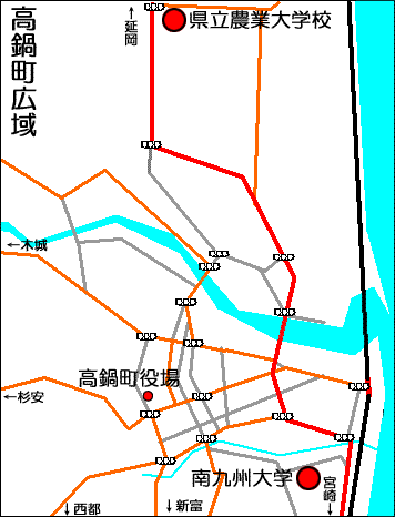 高鍋町内の大学・大学校の位置を示す地図