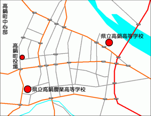 高鍋町内の高等学校の位置を示す地図