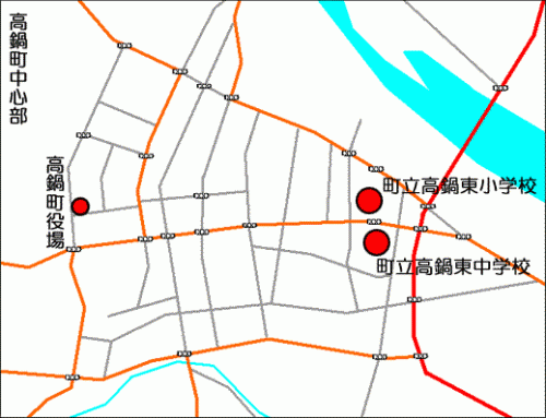 高鍋町内の東小・東中学校の位置を示す地図