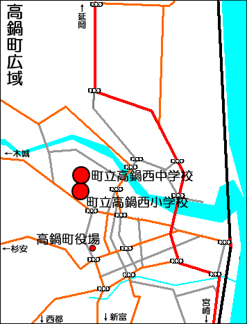 高鍋町内の西小・西中学校の位置を示す地図